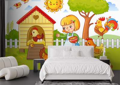 A little girl feeds chickens and hens around the chicken coop. Vector illustration in children`s style. Wall mural